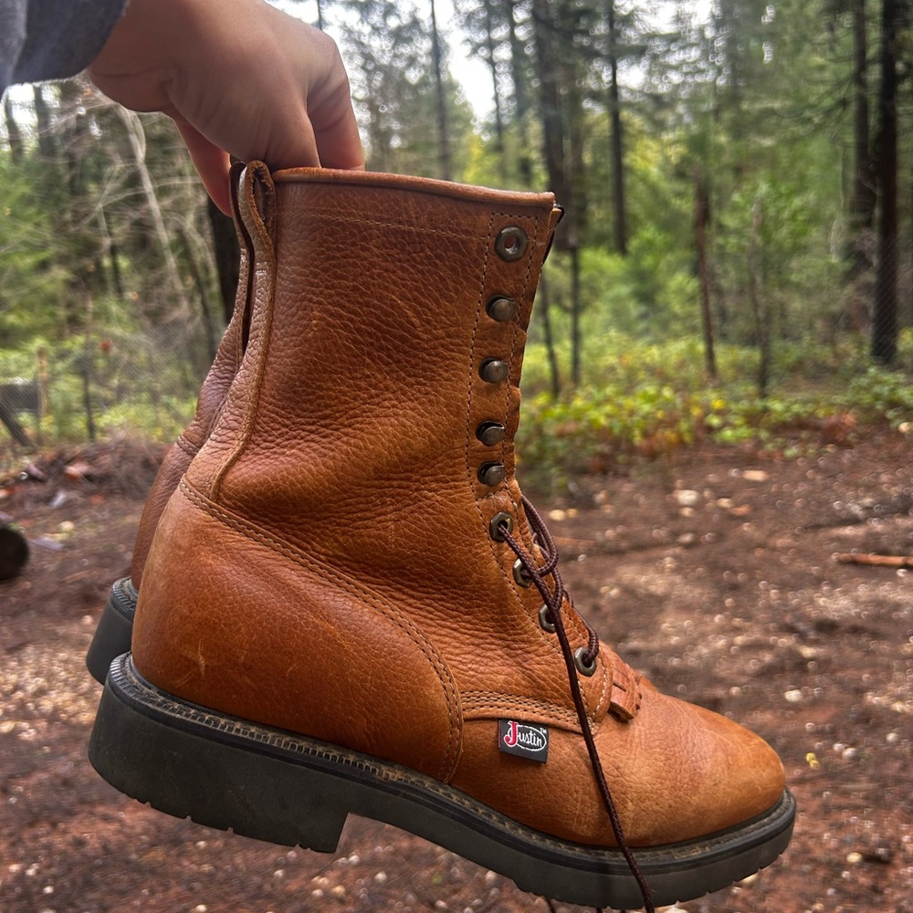 Justin Boots Tan and Green Men's Work Boots